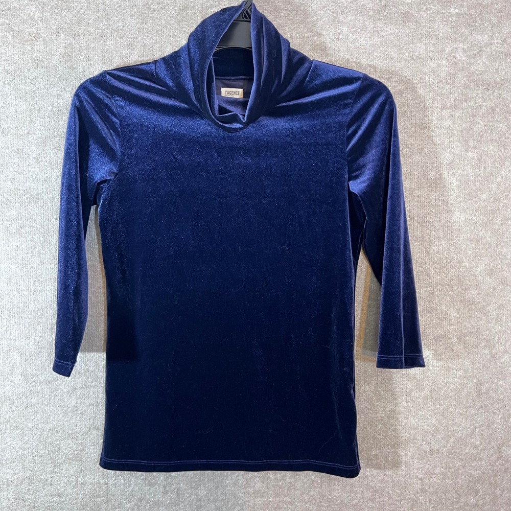 L'AGENCE Aja Velvet Turtleneck Top Womens Medium Blue Stretchy Minimalist